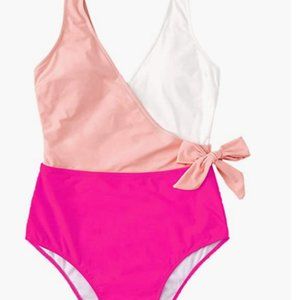 Women's One Piece V Neck Tie Front Color Block Swimsuit